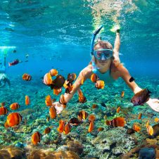 couple in snorkeling masks dive deep underwater with tropical fishes in coral reef sea pool.